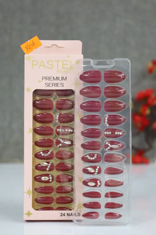 Pastel Beauty False Nails Stone Red-24pcs