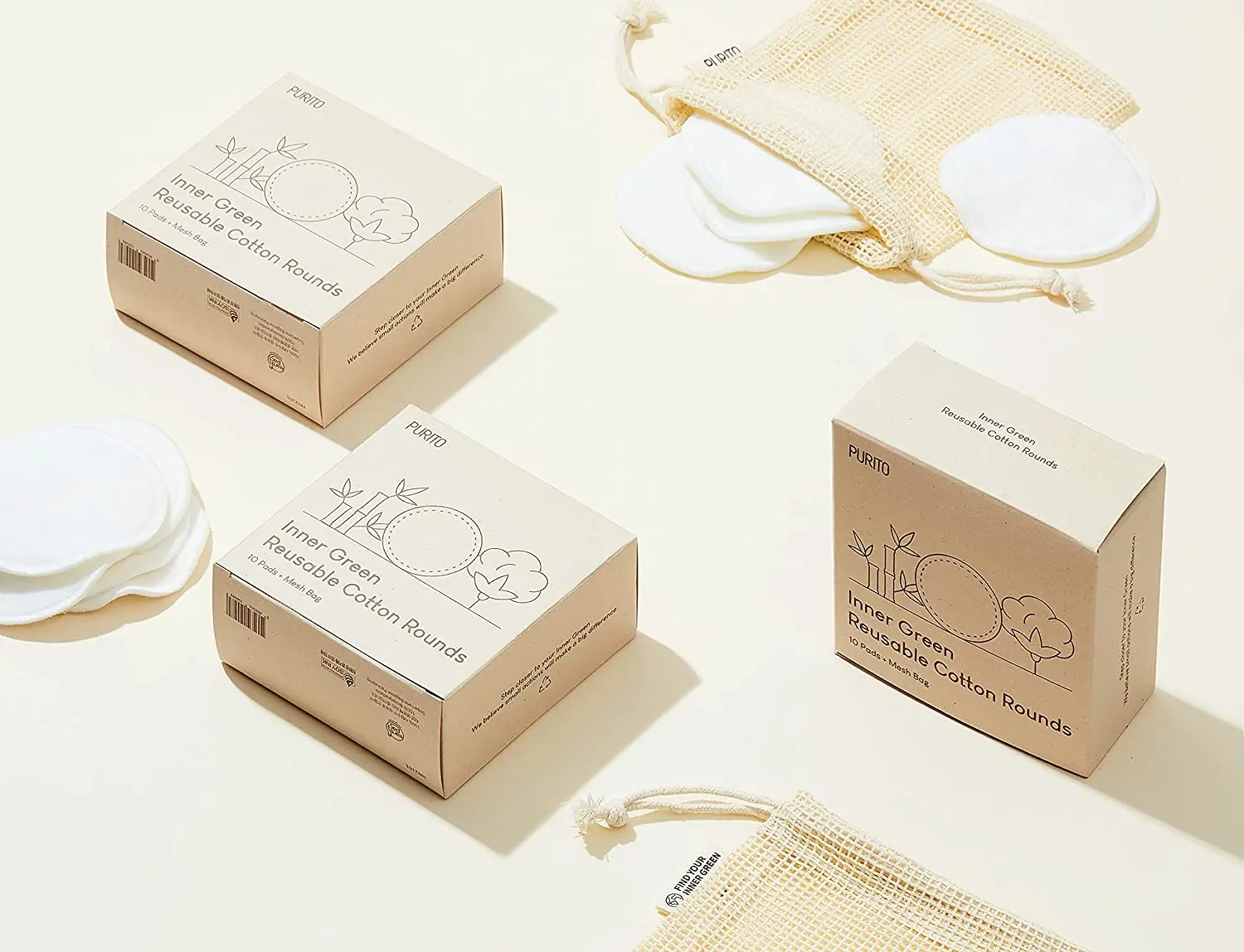 PURITO Inner Green Reusable Cotton Rounds 10pads with Mesh Bag