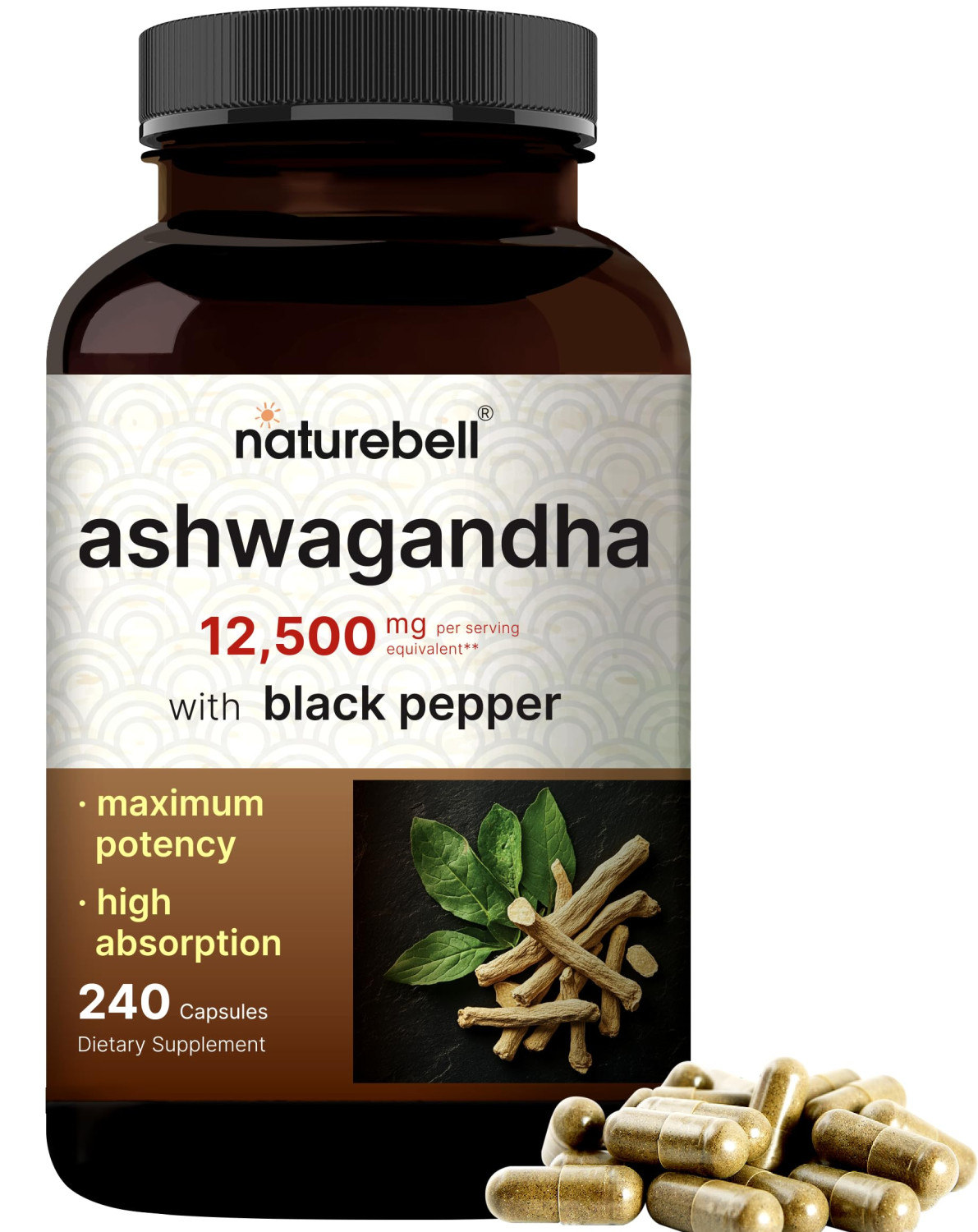 NatureBell Ashwagandha Root with Black Pepper Extract - 240 Capsules