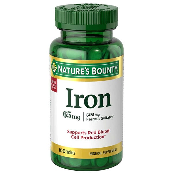 Nature's Bounty Iron 65mg, 325 mg Ferrous Sulfate 100 Tablets