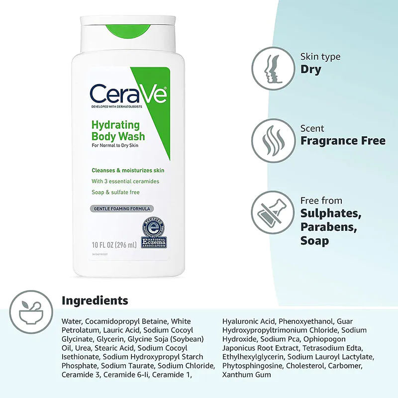CeraVe's Hydrating Body Wash For Normal To Dry Skin 296ml (USA)