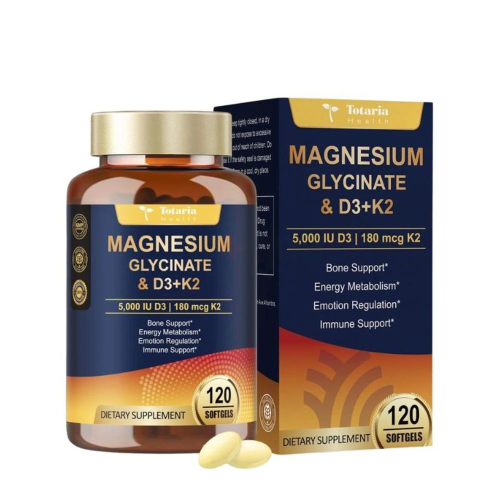 Totaria Health Magnesium Glycinate & D3+k2 (5,000 IU + 180 mcg) – 120 softgels
