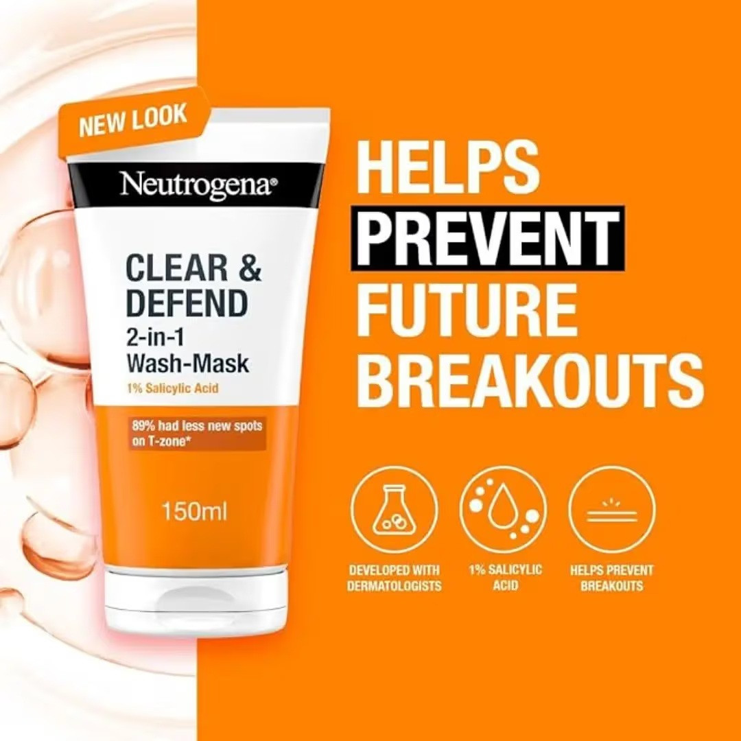Neutrogena Clear & Defend 2-in-1 1% Salicylic Acid Wash-Mask 150ml